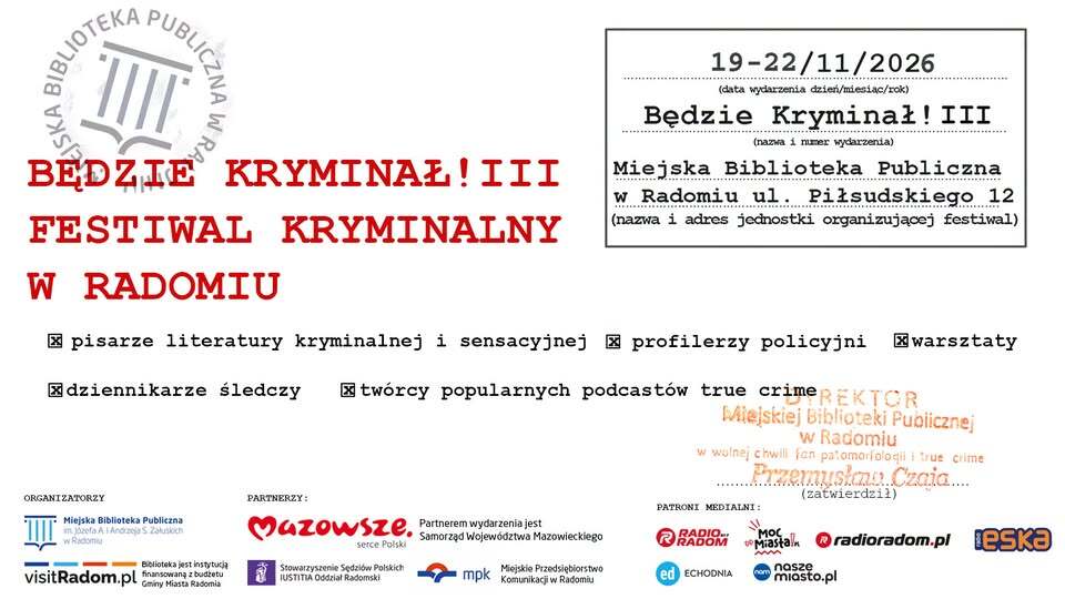 Będzie Kryminał! III – cztery dni z literaturą, która trzyma w napięciu. Radom stolicą kryminału.